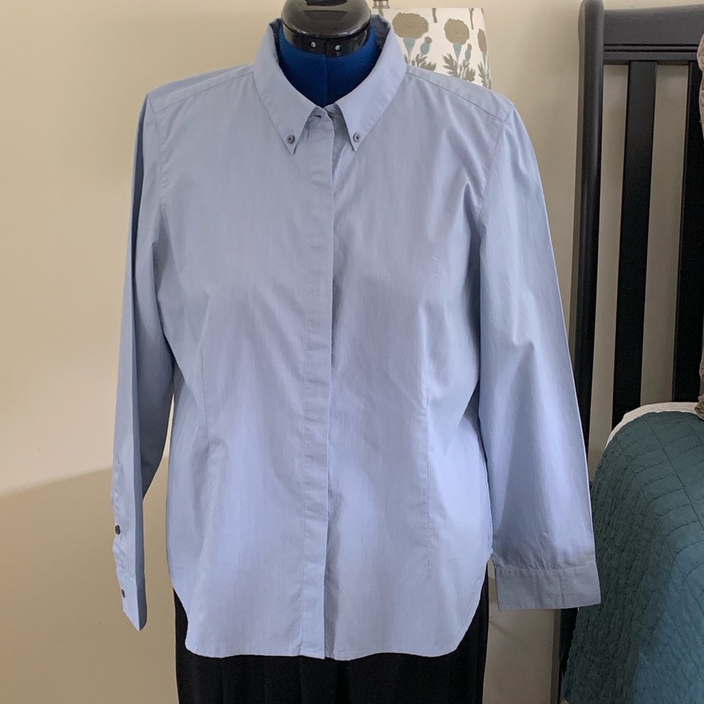 NWT J Jill Petite Water Blue Microstripe Fitted Blouse